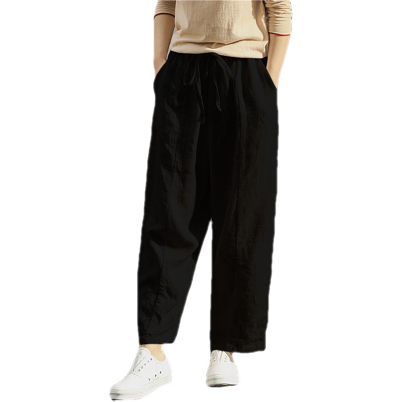 復古文藝百搭棉麻寬鬆鬆緊腰闊腿九分休閒褲