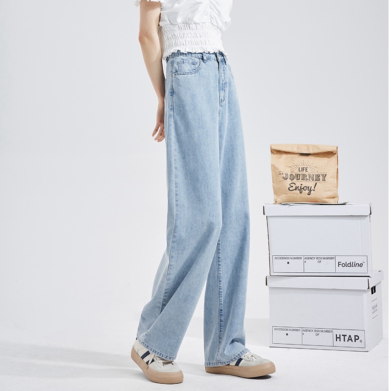 韓系高腰寬鬆直筒垂感休閒闊腿牛仔褲
