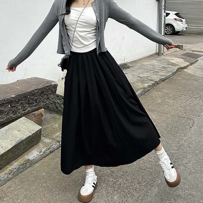 寬鬆顯瘦褶皺純色鬆緊山本高腰A字中長款半身裙