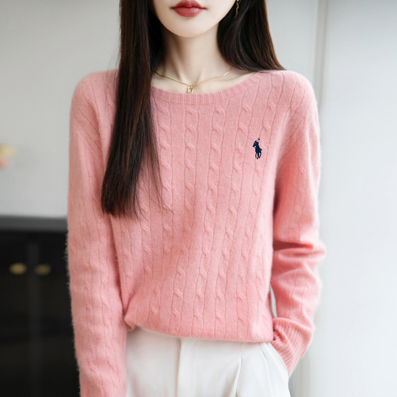 簡約純色套頭圓領麻花打底長袖針織衫