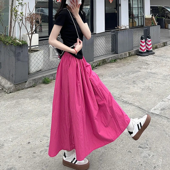 寬鬆顯瘦褶皺純色鬆緊山本高腰A字中長款半身裙