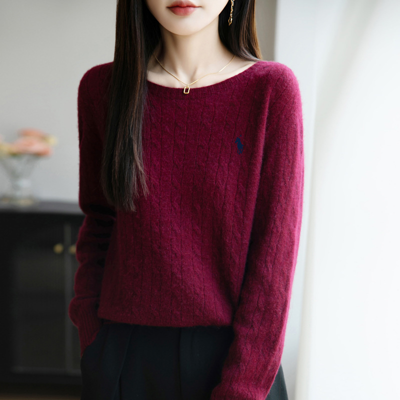 簡約純色套頭圓領麻花打底長袖針織衫