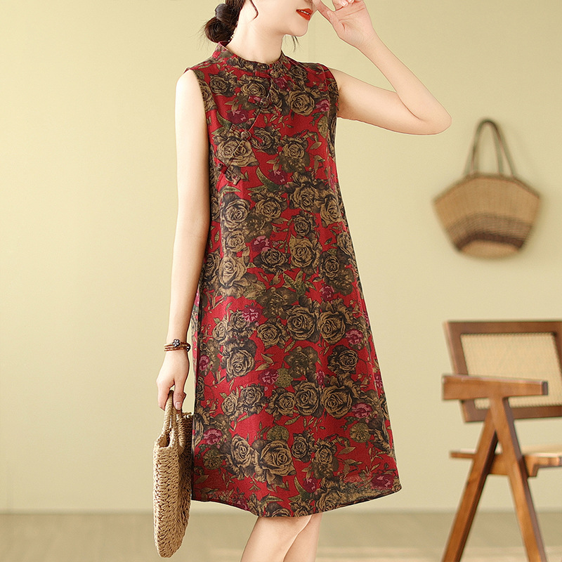中式復古改良盤扣旗袍寬鬆顯瘦棉麻無袖印花洋裝