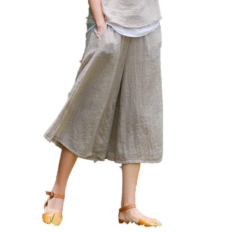 純色棉麻復古七分闊腿寬鬆飄逸休閒直筒褲