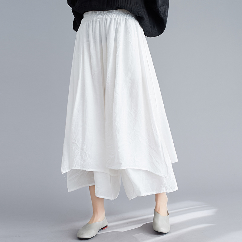 簡約文藝純色棉麻高腰寬鬆闊腿休閒九分裙褲