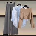 咖毛衣+藍襯衫+灰色闊腿褲