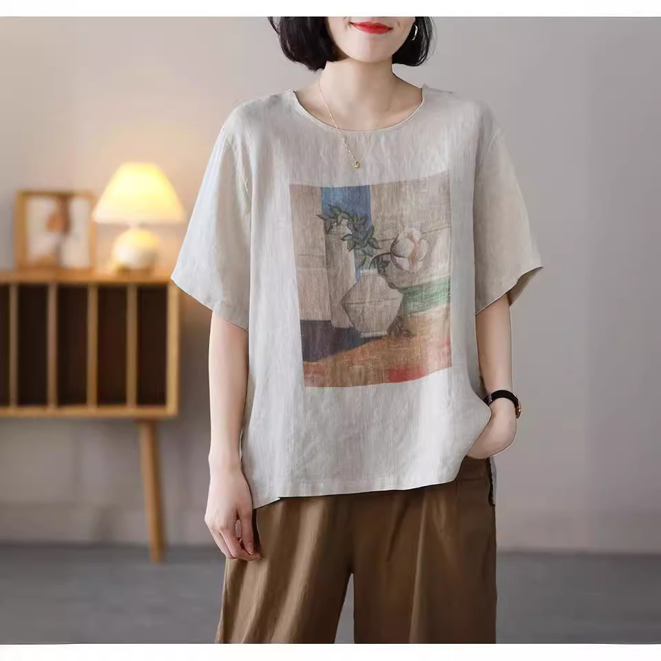 寬鬆復古印花大碼棉麻休閒短袖T恤