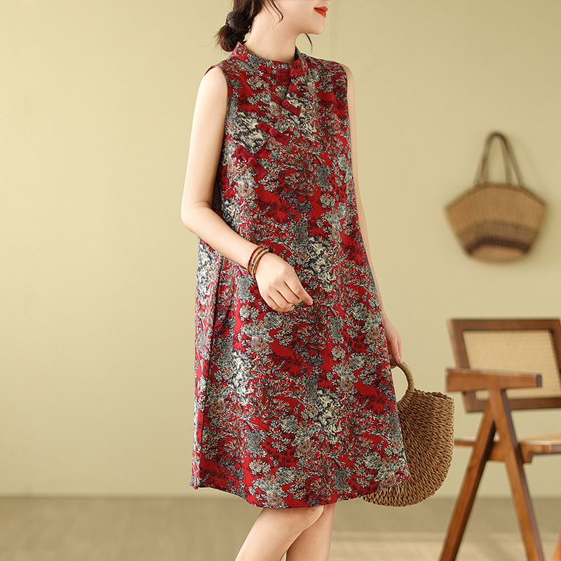 中式復古改良盤扣旗袍寬鬆顯瘦棉麻無袖印花洋裝