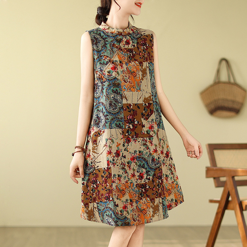 中式復古改良盤扣旗袍寬鬆顯瘦棉麻無袖印花洋裝