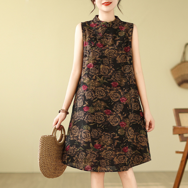 中式復古改良盤扣旗袍寬鬆顯瘦棉麻無袖印花洋裝