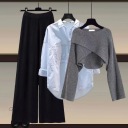 灰毛衣+白襯衫+咖卡其色闊腿褲