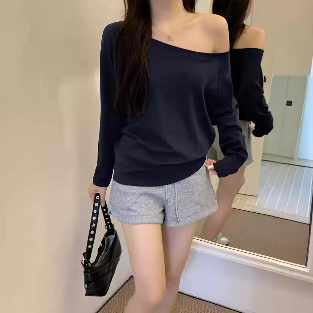 一字肩純慾斜領露肩寬鬆顯瘦別緻短袖長袖T恤