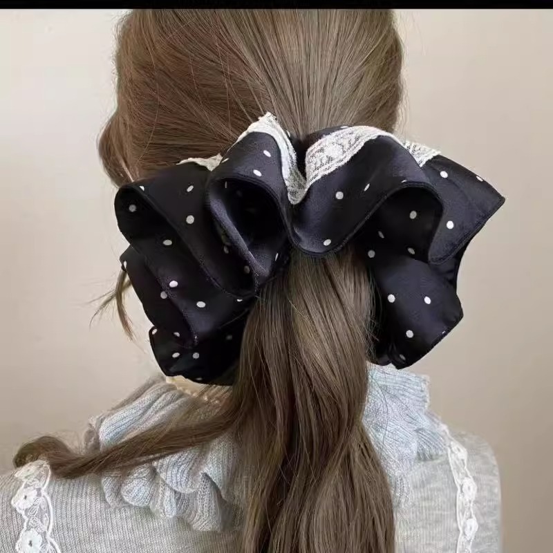 法式黑白波點絲絨髮圈復古溫柔氣質大號高級感花邊髮繩