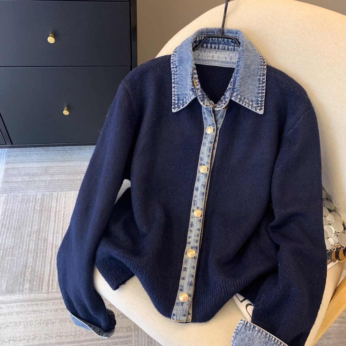 韓系設計牛仔拼接針織開衫