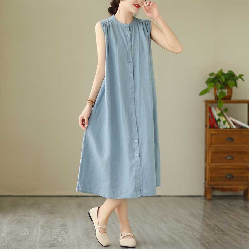 無袖多皺褶設計長款艺文簡約襯衫棉麻洋裝