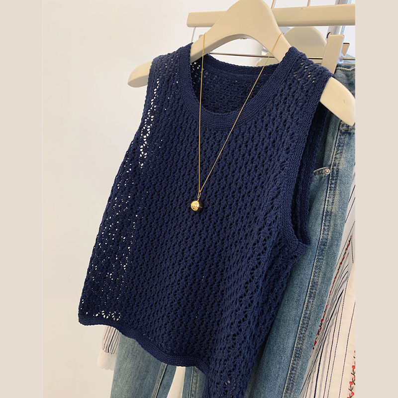 設計感小眾冰絲鏤空編織針織薄款顯瘦背心