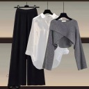 灰毛衣+白襯衫+黑色闊腿褲