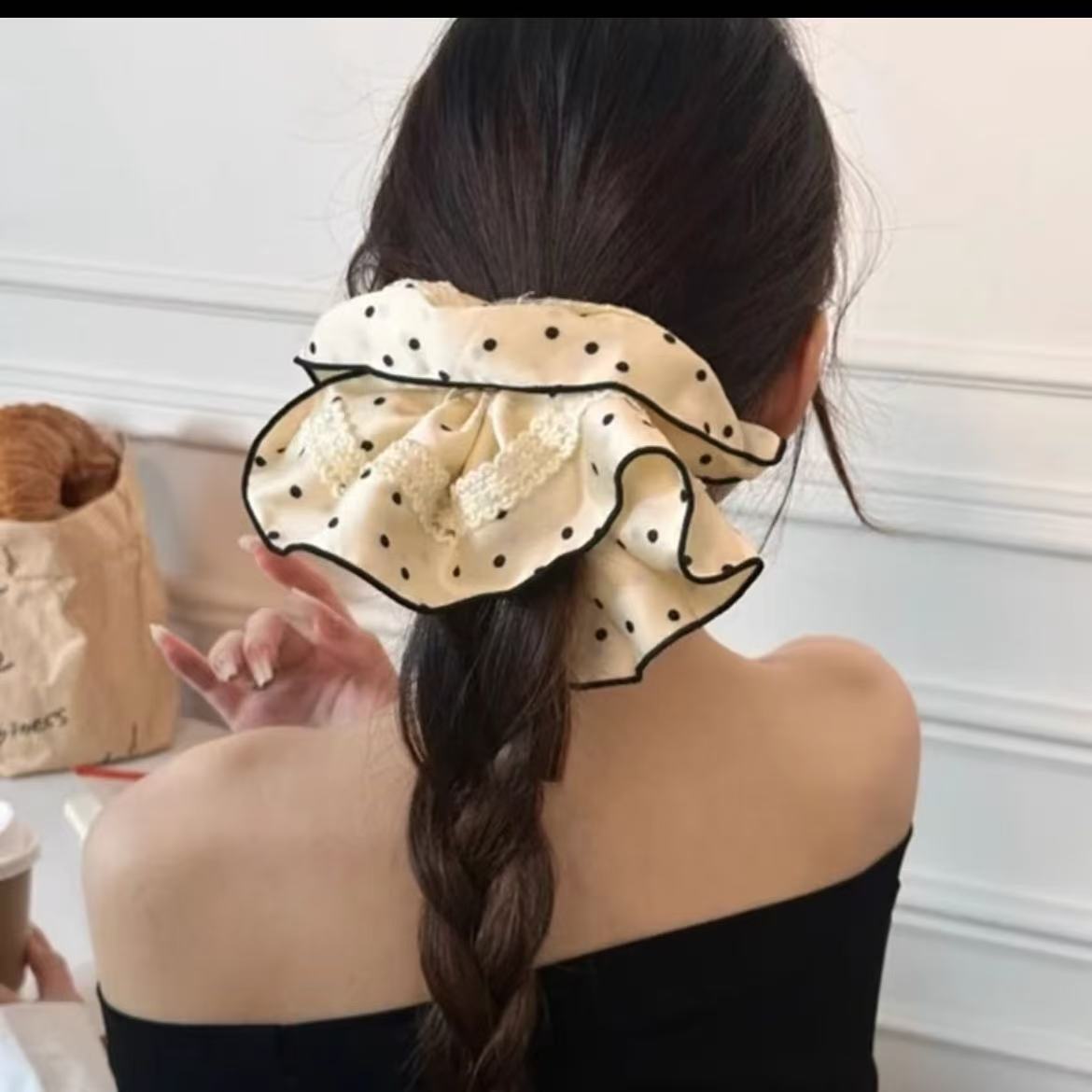 法式黑白波點絲絨髮圈復古溫柔氣質大號高級感花邊髮繩