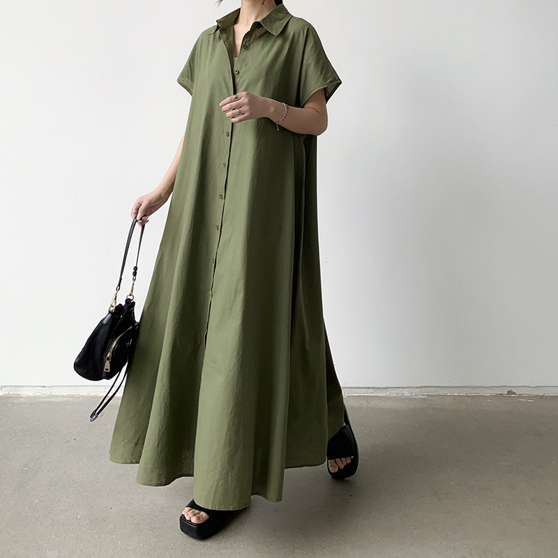 透氣百搭純色短袖棉麻寬鬆翻領休閒洋裝