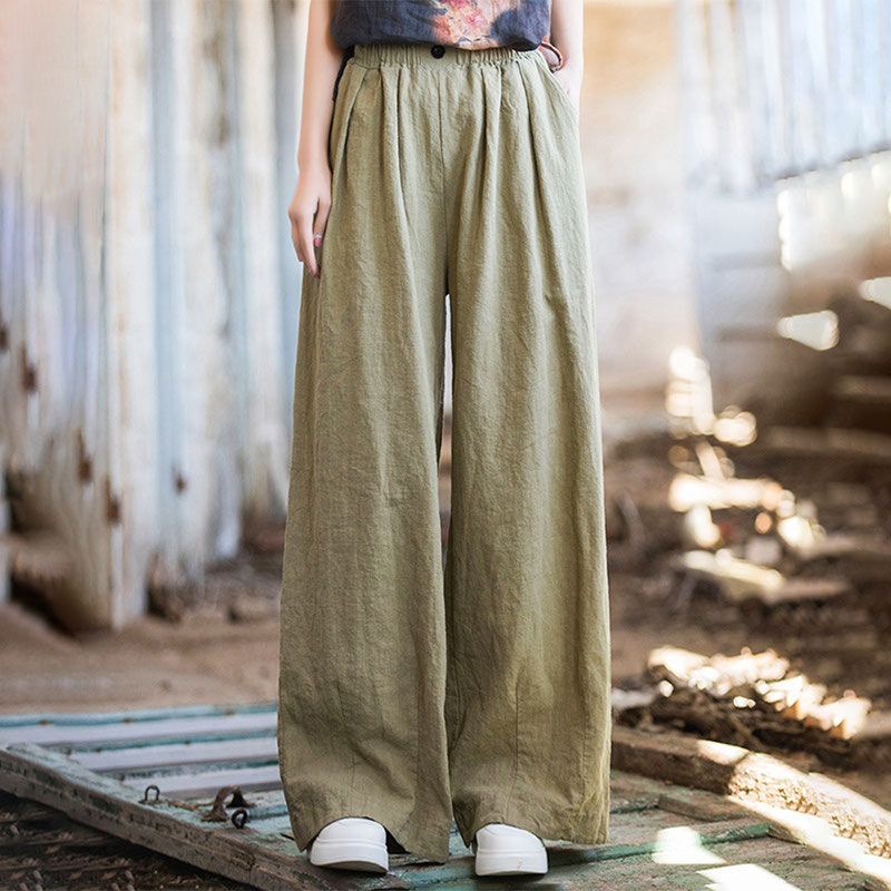 薄款闊腿直筒寬鬆高腰棉麻復古休閒拖地長褲