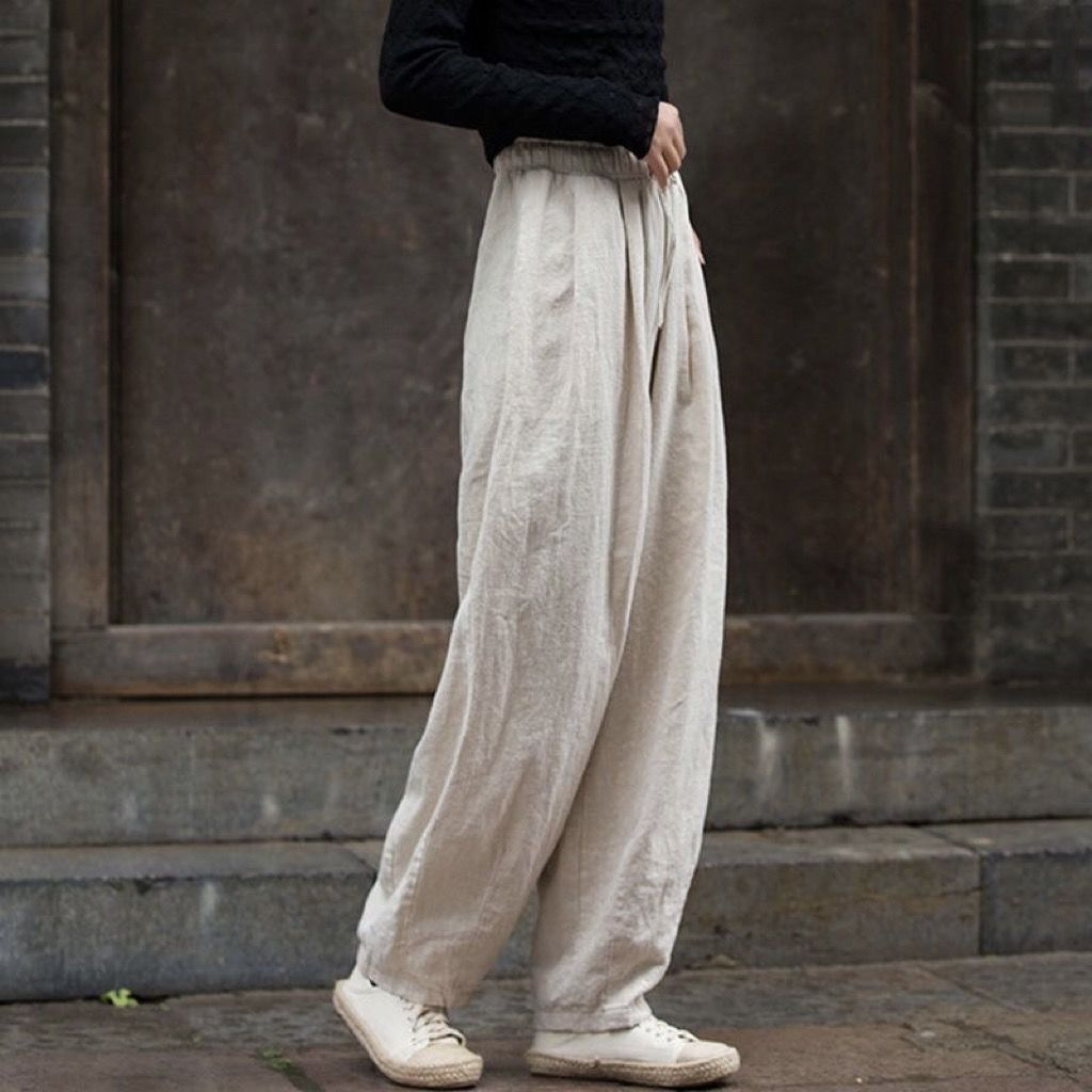 日系簡約寬鬆透氣棉麻休閒燈籠长褲