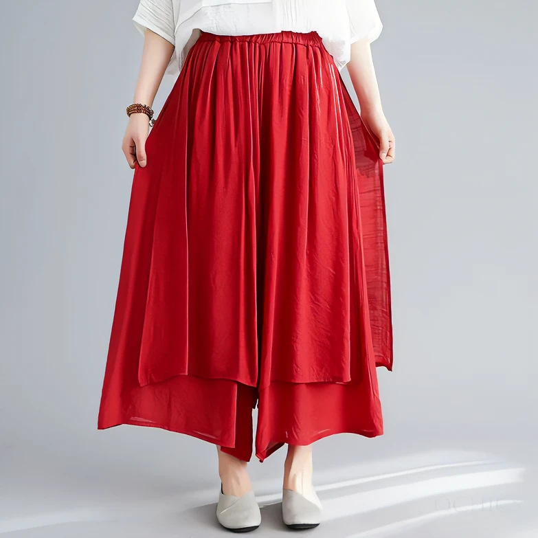 簡約文藝純色棉麻高腰寬鬆闊腿休閒九分裙褲