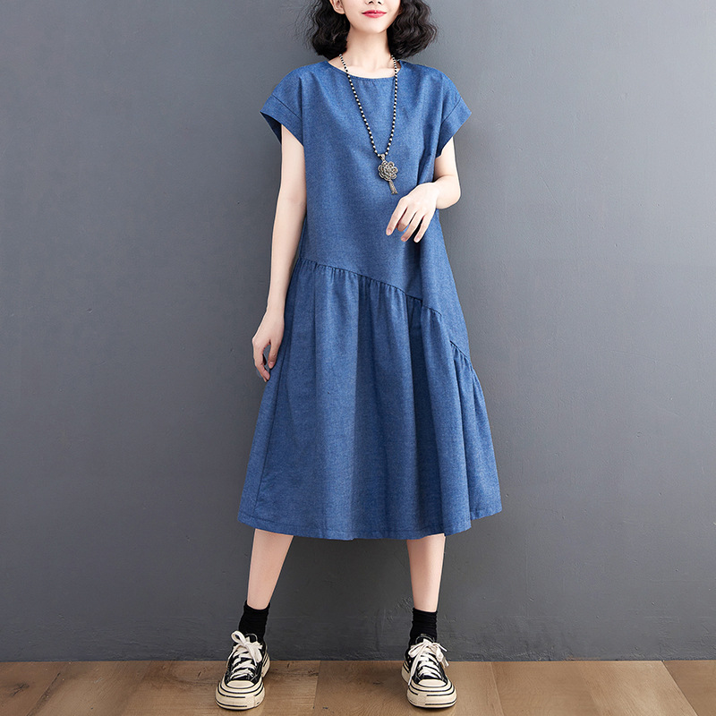 夏季純色牛仔氣質寬鬆顯瘦中長洋裝