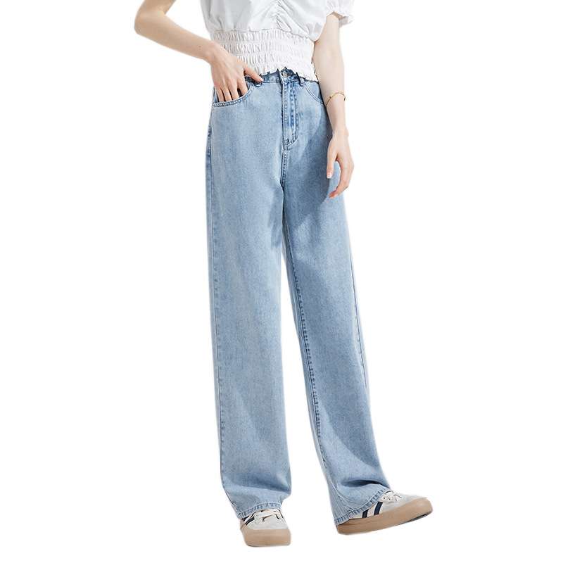 韓系高腰寬鬆直筒垂感休閒闊腿牛仔褲