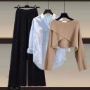 咖毛衣+藍襯衫+黑色闊腿褲