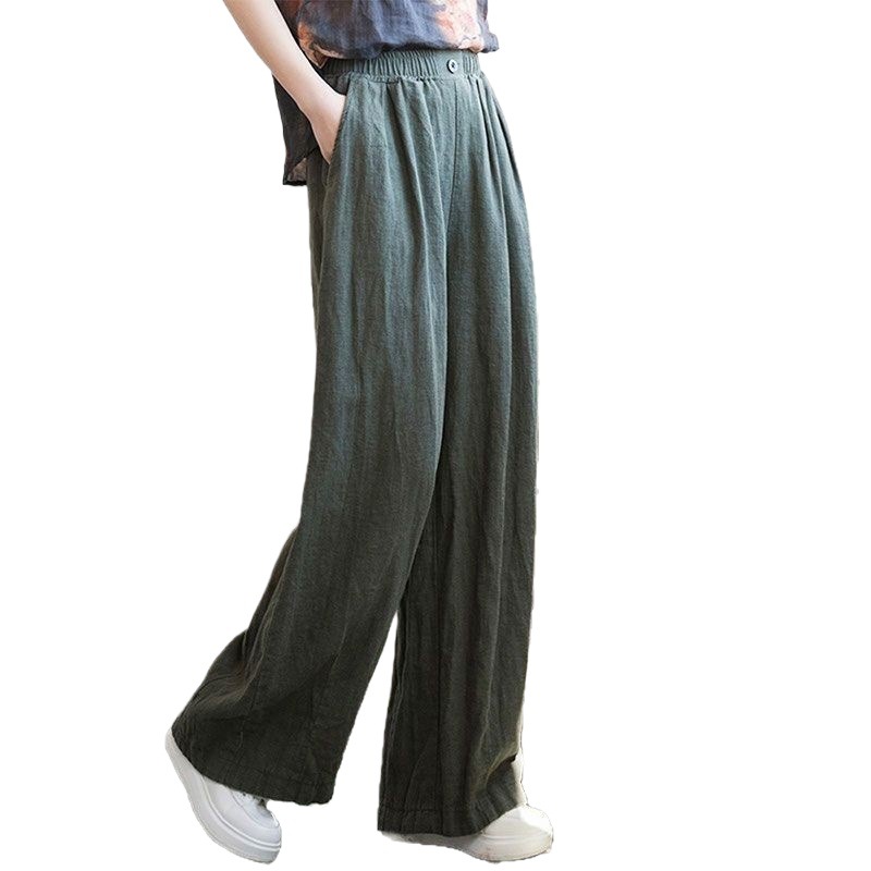薄款闊腿直筒寬鬆高腰棉麻復古休閒拖地長褲