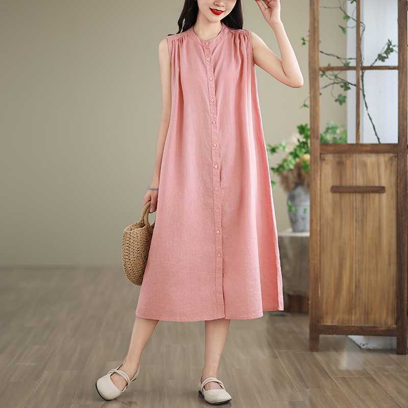 無袖多皺褶設計長款艺文簡約襯衫棉麻洋裝