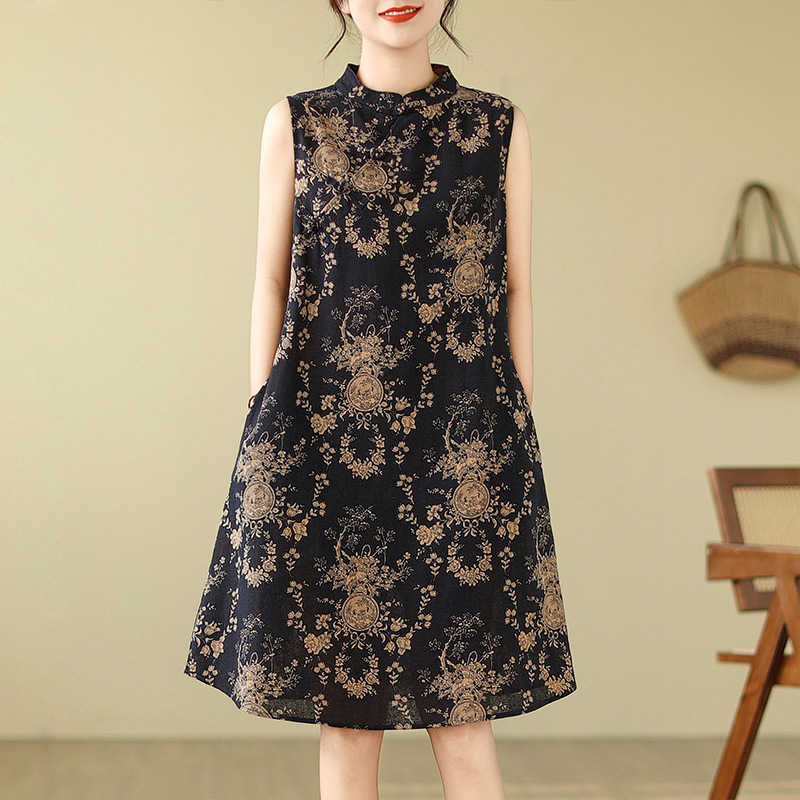 中式復古改良盤扣旗袍寬鬆顯瘦棉麻無袖印花洋裝
