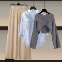 灰毛衣+藍襯衫+卡其色闊腿褲