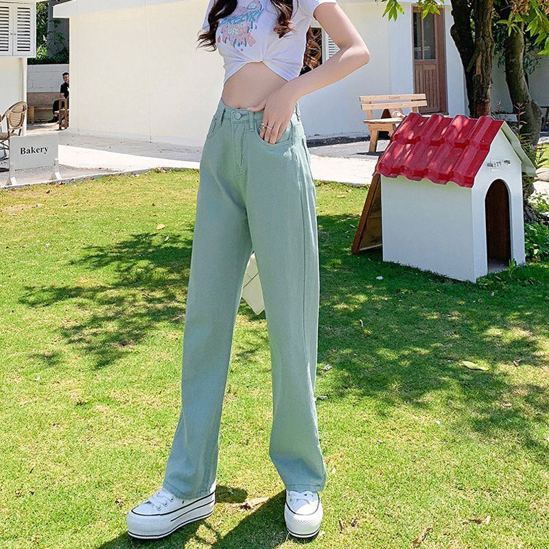 韓系高腰寬鬆直筒垂感休閒闊腿牛仔褲