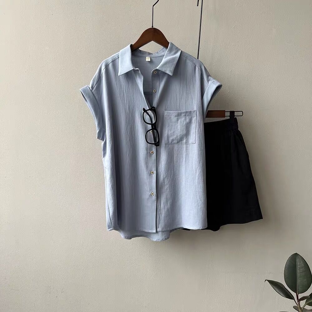 寬鬆設計感小眾雪紡法式捲邊短袖襯衫