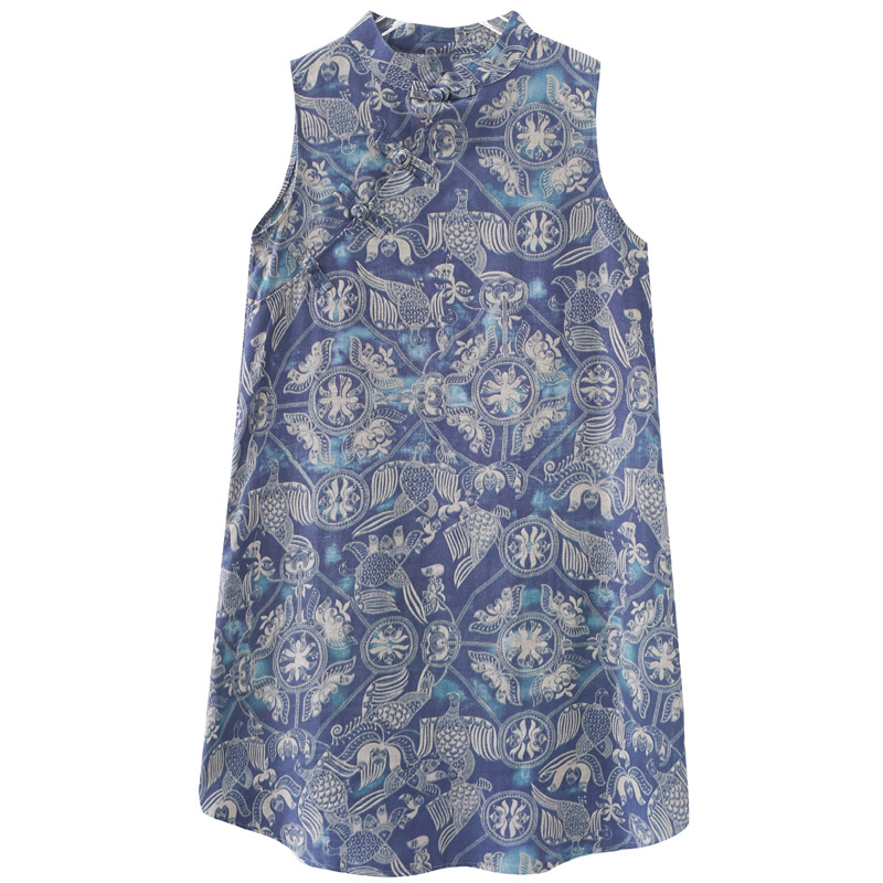 中式復古改良盤扣旗袍寬鬆顯瘦棉麻無袖印花洋裝