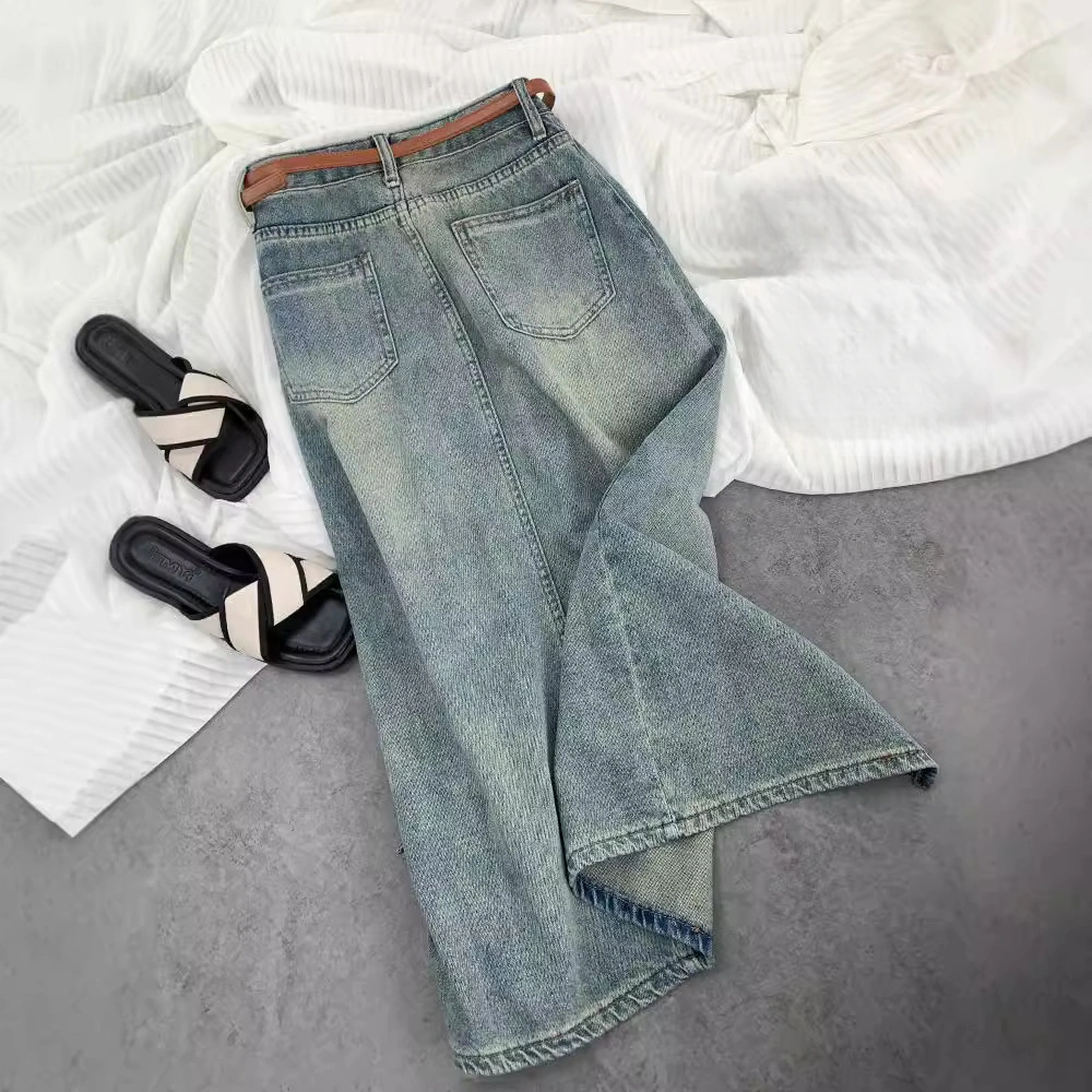 高腰顯瘦A字裙休閒中長款開叉包臀牛仔半身裙