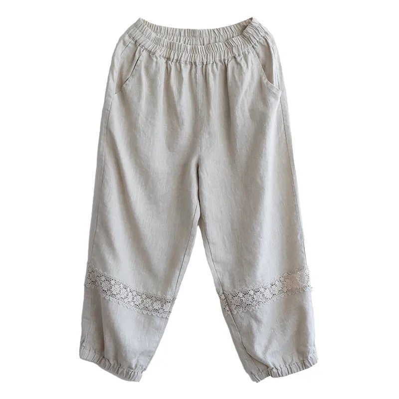 優雅百搭棉麻蕾絲拼接休閒燈籠九分褲