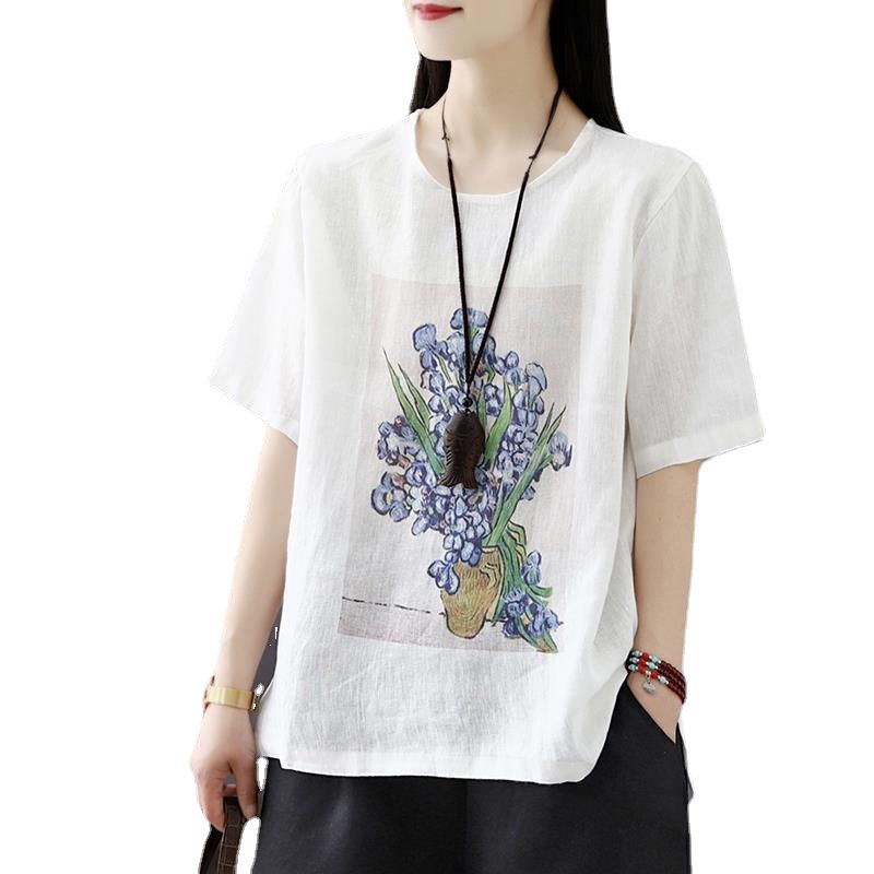 寬鬆復古印花大碼棉麻休閒短袖T恤
