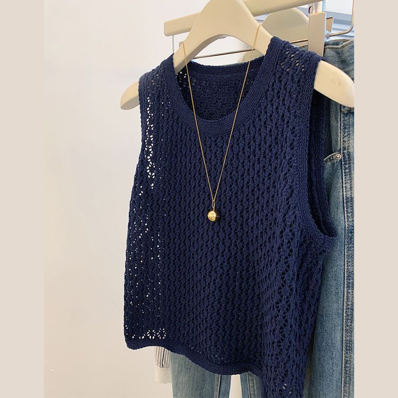 設計感小眾冰絲鏤空編織針織薄款顯瘦背心