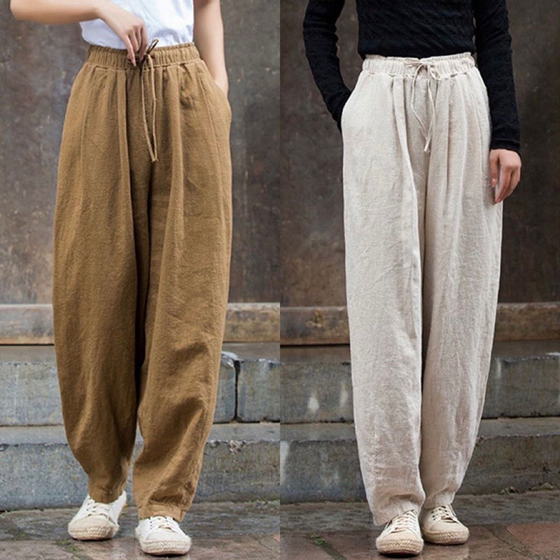 日系簡約寬鬆透氣棉麻休閒燈籠长褲