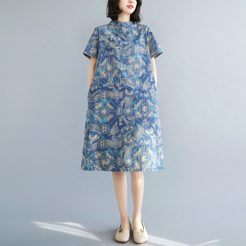 中式復古改良盤扣旗袍寬鬆顯瘦棉麻無袖印花洋裝