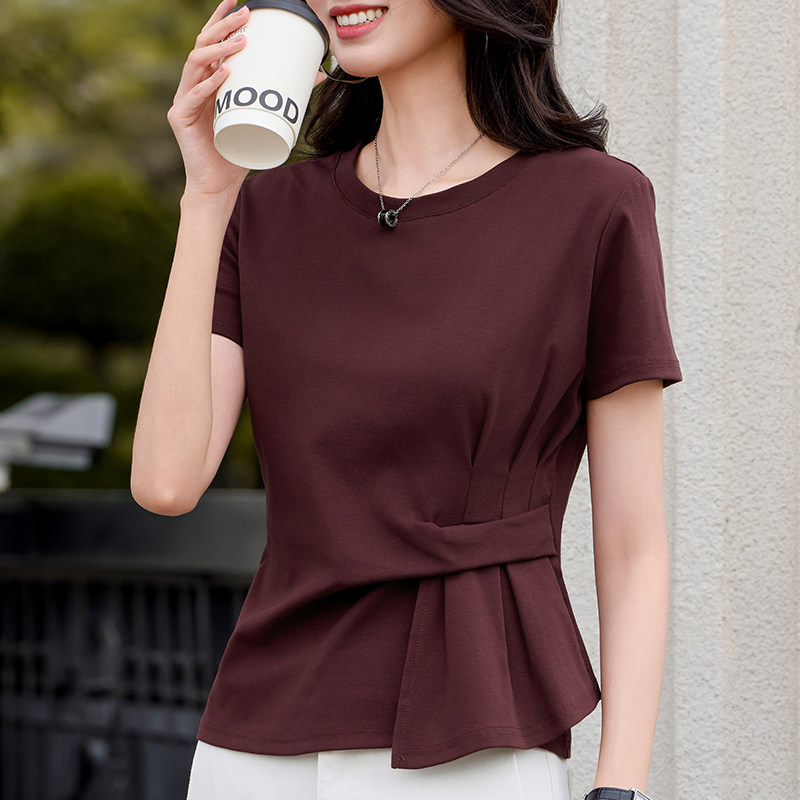 褶皺百搭洋氣不規則遮肉正肩圓領短袖T恤