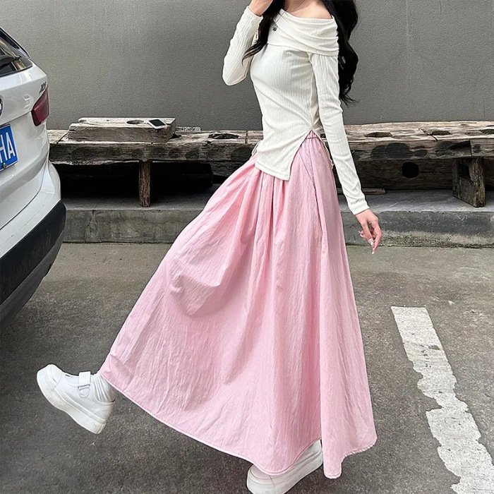 寬鬆顯瘦褶皺純色鬆緊山本高腰A字中長款半身裙