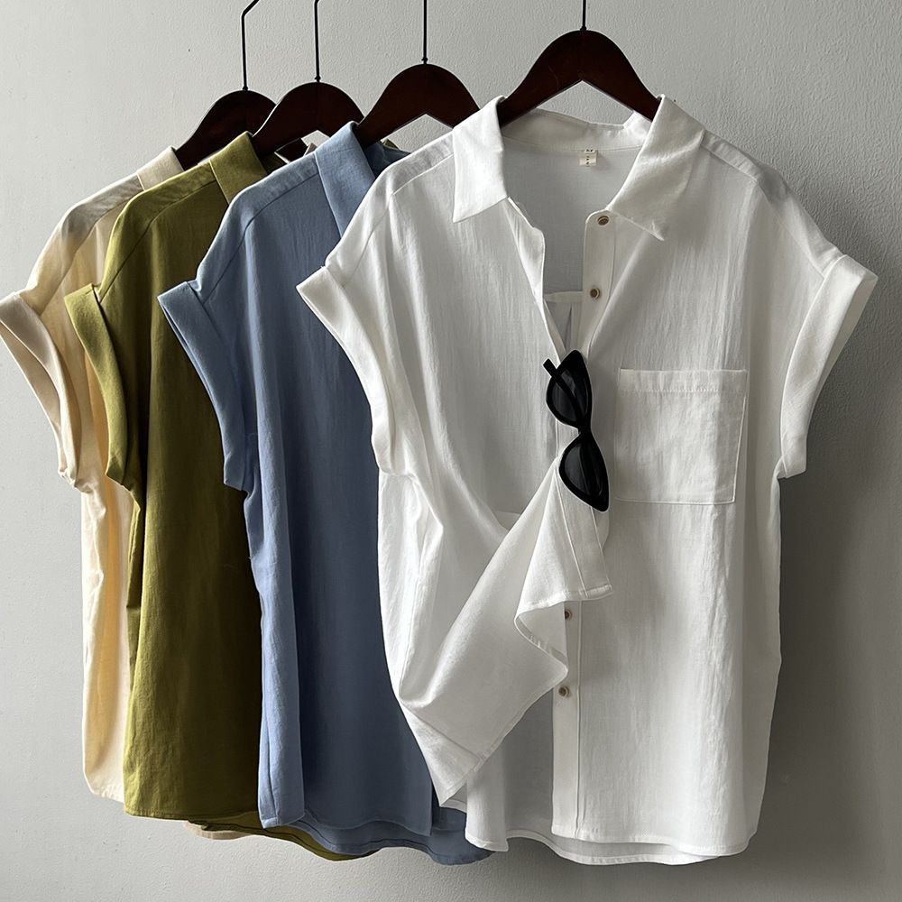 寬鬆設計感小眾雪紡法式捲邊短袖襯衫