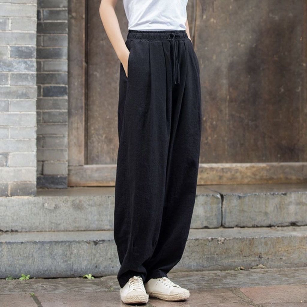 日系簡約寬鬆透氣棉麻休閒燈籠长褲