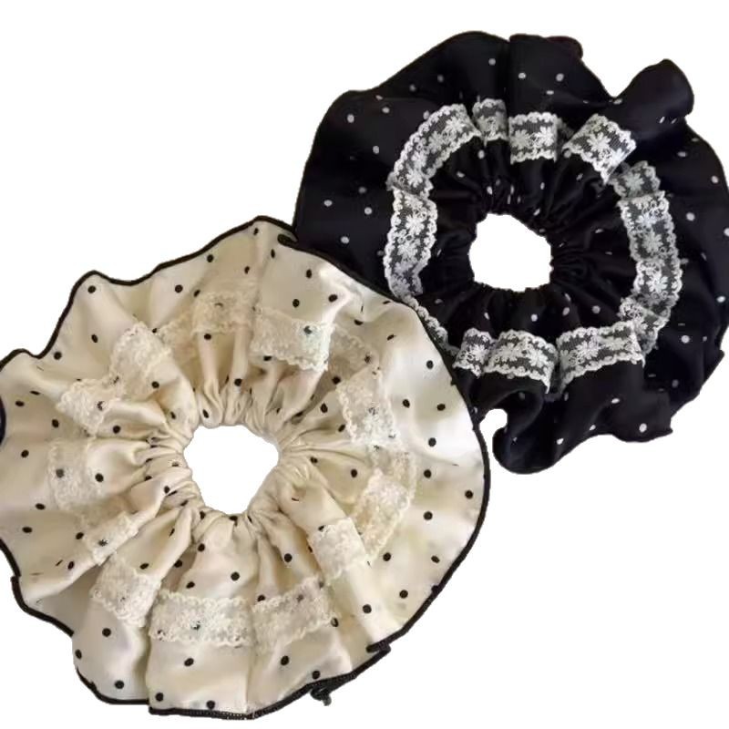 法式黑白波點絲絨髮圈復古溫柔氣質大號高級感花邊髮繩