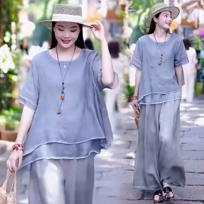【整套】復古棉麻新民族風寬鬆顯瘦遮肚氣質兩件套