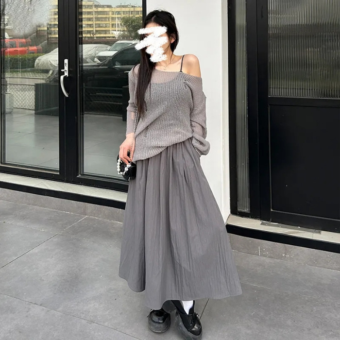寬鬆顯瘦褶皺純色鬆緊山本高腰A字中長款半身裙