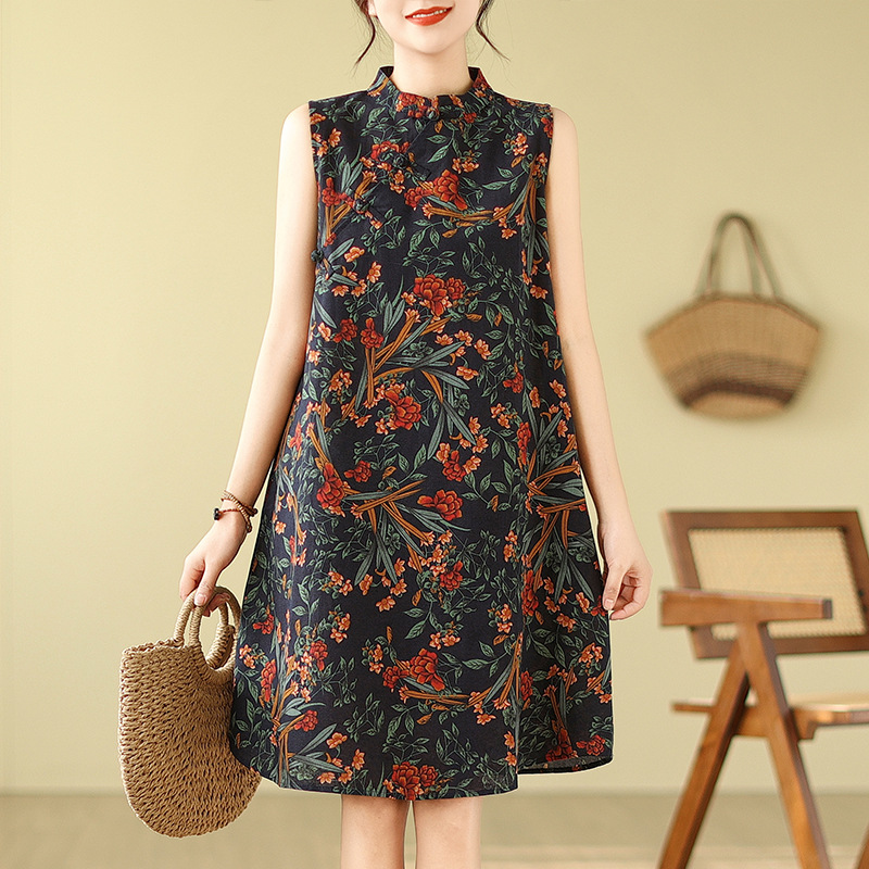中式復古改良盤扣旗袍寬鬆顯瘦棉麻無袖印花洋裝